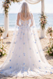 White Blue Flower Beaded A Line Sweep Train Corset Wedding Dress with Veils