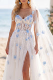 White Blue Flower Beaded A Line Sweep Train Corset Wedding Dress with Veils