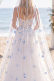 White Blue Flower Beaded A Line Sweep Train Corset Wedding Dress with Veils