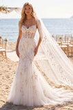 White Pink Flower Mermaid Corset Sweep Train Wedding Dress with Veils