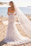 White Pink Flower Mermaid Corset Sweep Train Wedding Dress with Veils