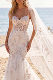 White Pink Flower Mermaid Corset Sweep Train Wedding Dress with Veils
