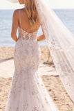 White Pink Flower Mermaid Corset Sweep Train Wedding Dress with Veils