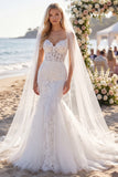 White Floral Mermaid Corset Sweep Train Lace Boho Wedding Dress with Veils