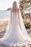 White Floral Mermaid Corset Sweep Train Lace Boho Wedding Dress with Veils