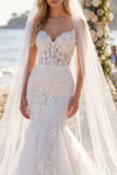 White Floral Mermaid Corset Sweep Train Lace Boho Wedding Dress with Veils