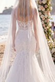 White Floral Mermaid Corset Sweep Train Lace Boho Wedding Dress with Veils