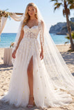 Floral White Corset A Line Sweep Train Sweetheart Beach Wedding Dress with Veils