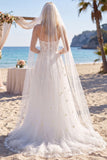 Floral White Corset A Line Sweep Train Sweetheart Beach Wedding Dress with Veils