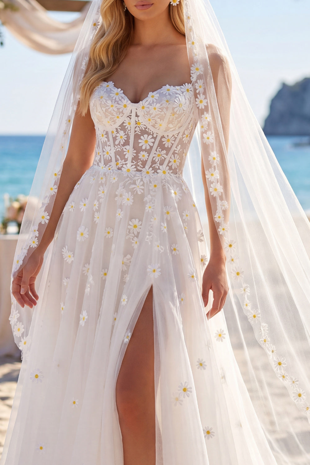 Zapaka Women White Floral Sweep Train Corset Beach Wedding Dress with Veils A Line Sweetheart Bridal Dress with Slit, White / US8