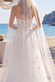 Floral White Corset A Line Sweep Train Sweetheart Beach Wedding Dress with Veils