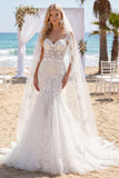 Mermaid Corset Sweep Train White Floral Lace Boho Wedding Dress with Veils