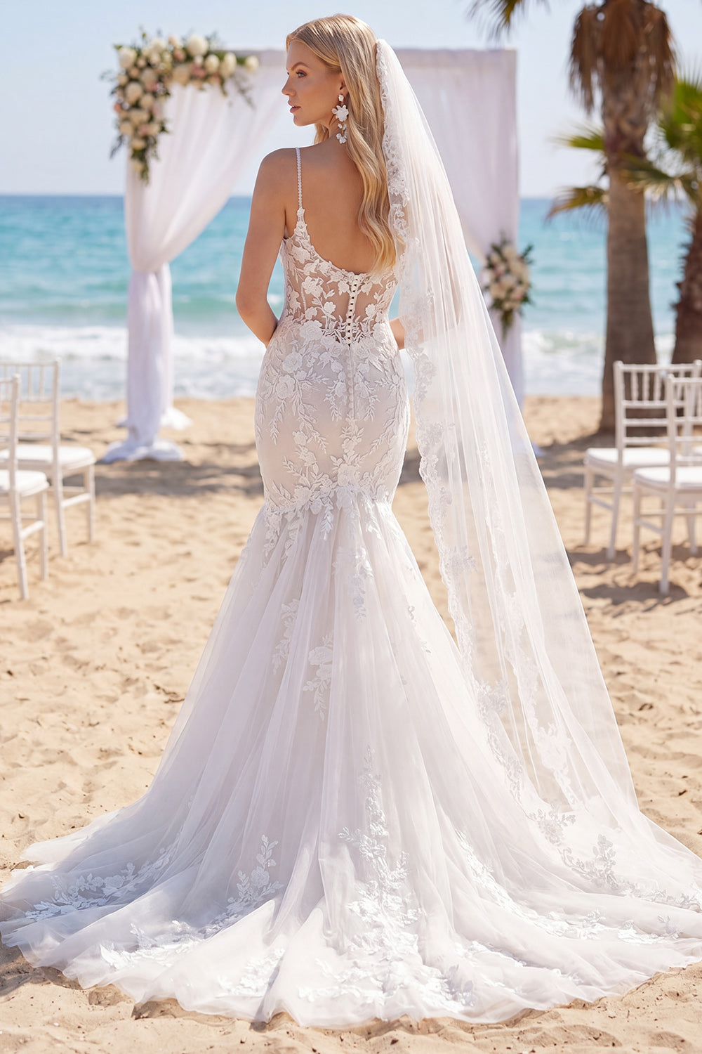Mermaid Corset Sweep Train White Floral Lace Boho Wedding Dress with Veils Mermaid Corset Sweep Train White Floral Lace Boho Wedding Dress with Veils