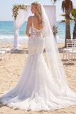 Mermaid Corset Sweep Train White Floral Lace Boho Wedding Dress with Veils
