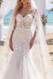Mermaid Corset Sweep Train White Floral Lace Boho Wedding Dress with Veils
