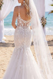 Mermaid Corset Sweep Train White Floral Lace Boho Wedding Dress with Veils