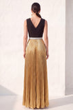 Black Golden A Line Pleated V Neck  Formal Dress with Slit