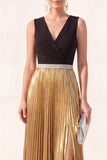 Black Golden A Line Pleated V Neck  Formal Dress with Slit
