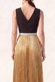 Black Golden A Line Pleated V Neck  Formal Dress with Slit