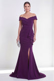 Off the Shoulder Purple Mermaid Ruched Formal Dress with Slit