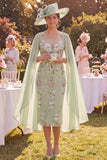Green Bodycon Appliqued Floral Midi Mother of the Bride Dress with Cape