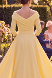 Yellow Floral Bodycon Ruched Long Mother of the Bride Dress with 3/4 Sleeves