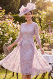 Lilac Floral Round Neck Beaded Midi Mother of the Bride Dress with 3/4 Sleeves