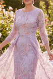 Lilac Floral Round Neck Beaded Midi Mother of the Bride Dress with 3/4 Sleeves