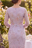 Lilac Floral Round Neck Beaded Midi Mother of the Bride Dress with 3/4 Sleeves