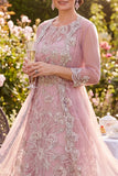 Tulle Blush Floral Round Neck Beaded Midi Mother of the Bride Dress