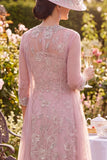 Tulle Blush Floral Round Neck Beaded Midi Mother of the Bride Dress
