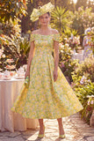 Yellow Off the Shoulder Floral A-Line Midi Mother of the Bride Dress