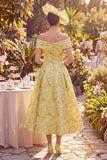 Yellow Off the Shoulder Floral A-Line Midi Mother of the Bride Dress