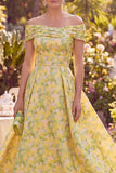 Yellow Off the Shoulder Floral A-Line Midi Mother of the Bride Dress