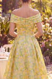 Yellow Off the Shoulder Floral A-Line Midi Mother of the Bride Dress