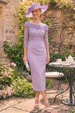 Grey Purple Bateau Neck Bodycon Midi Mother of the Bride Dress with Slit