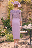 Grey Purple Bateau Neck Bodycon Midi Mother of the Bride Dress with Slit