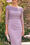 Grey Purple Bateau Neck Bodycon Midi Mother of the Bride Dress with Slit