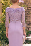 Grey Purple Bateau Neck Bodycon Midi Mother of the Bride Dress with Slit