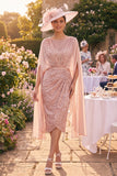 Blush Round Neck Ruched Bodycon Beaded Midi Mother of the Bride Dress with Cape Sleeves