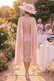 Blush Round Neck Ruched Bodycon Beaded Midi Mother of the Bride Dress with Cape Sleeves