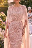 Blush Round Neck Ruched Bodycon Beaded Midi Mother of the Bride Dress with Cape Sleeves