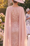 Blush Round Neck Ruched Bodycon Beaded Midi Mother of the Bride Dress with Cape Sleeves