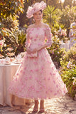 A-Line Off the Shoulder Pink Midi Mother of the Bride Dress with 3D Flowers