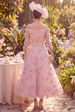 A-Line Off the Shoulder Pink Midi Mother of the Bride Dress with 3D Flowers