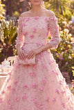 A-Line Off the Shoulder Pink Midi Mother of the Bride Dress with 3D Flowers