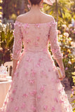 A-Line Off the Shoulder Pink Midi Mother of the Bride Dress with 3D Flowers