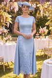 A-Line Blue Round Neck Floral Midi Mother of the Bride Dress