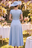 A-Line Blue Round Neck Floral Midi Mother of the Bride Dress