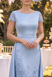 A-Line Blue Round Neck Floral Midi Mother of the Bride Dress